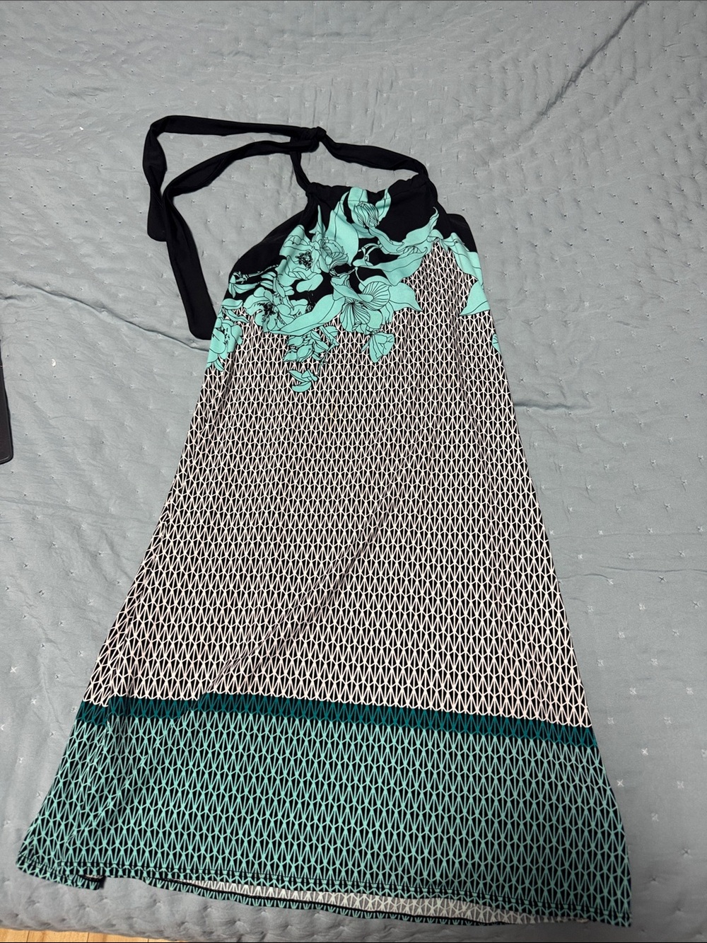 Max Studio Black and Teal Floral Halter Maxi Dress with Geometric Print